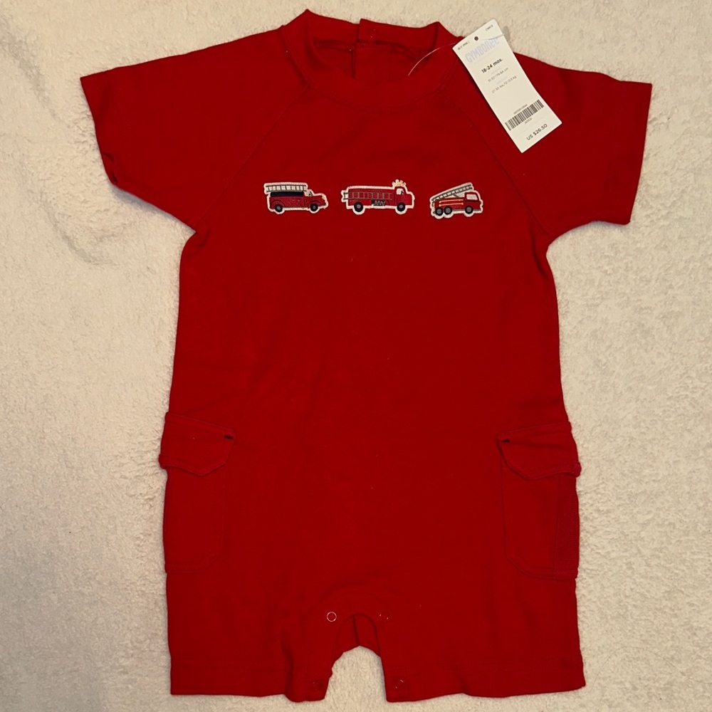 NWT FIRE TRUCK RED KNIT ROMPER CARGO POCKETS 18-24 MONTHS NEW HTF 2007